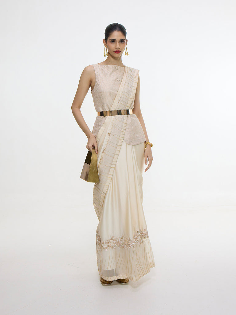 Handwoven Ecru Mashroo Silk Saree with an Embroidered Border