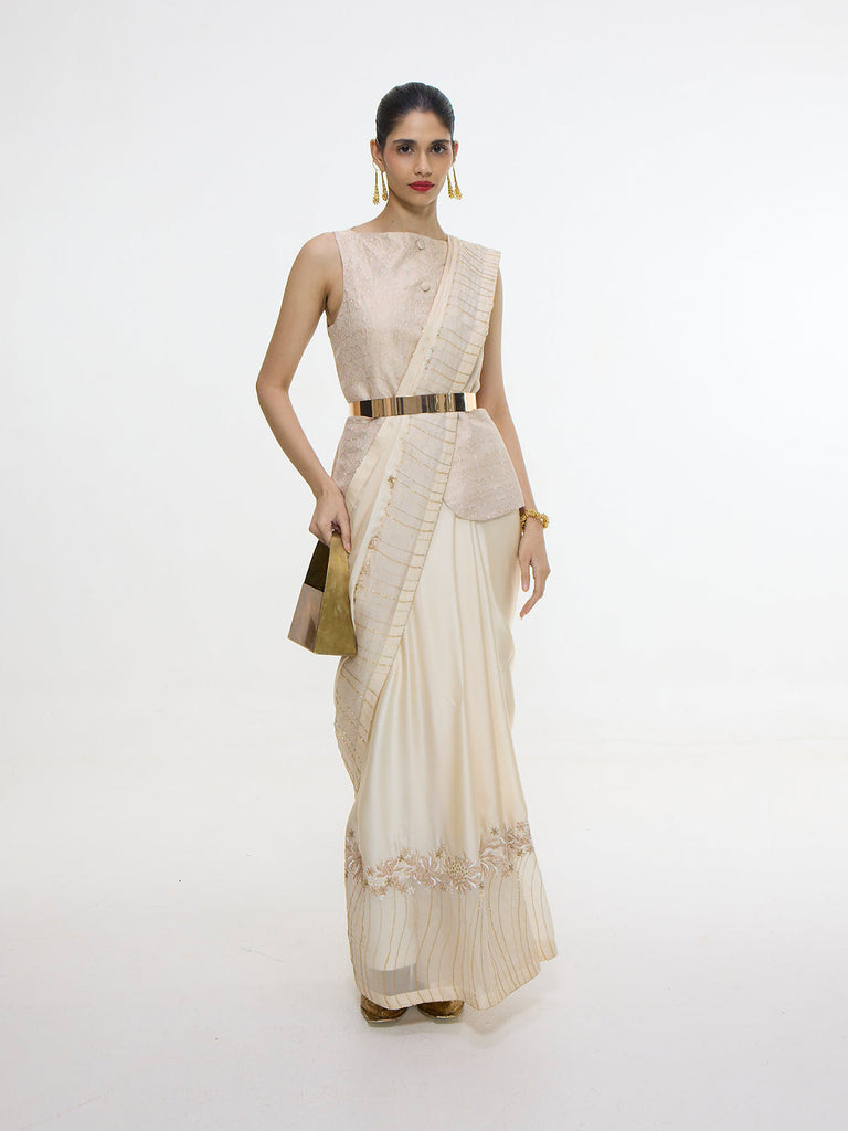 Handwoven Ecru Mashroo Silk Saree with an Embroidered Border