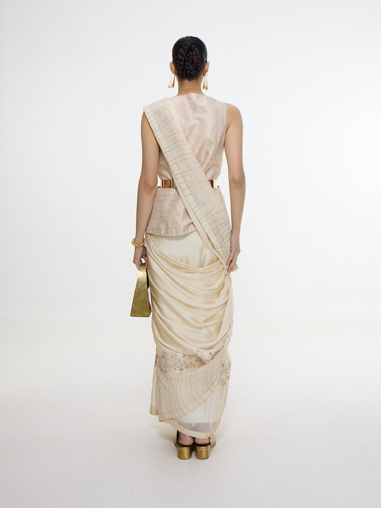 Handwoven Ecru Mashroo Silk Saree with an Embroidered Border