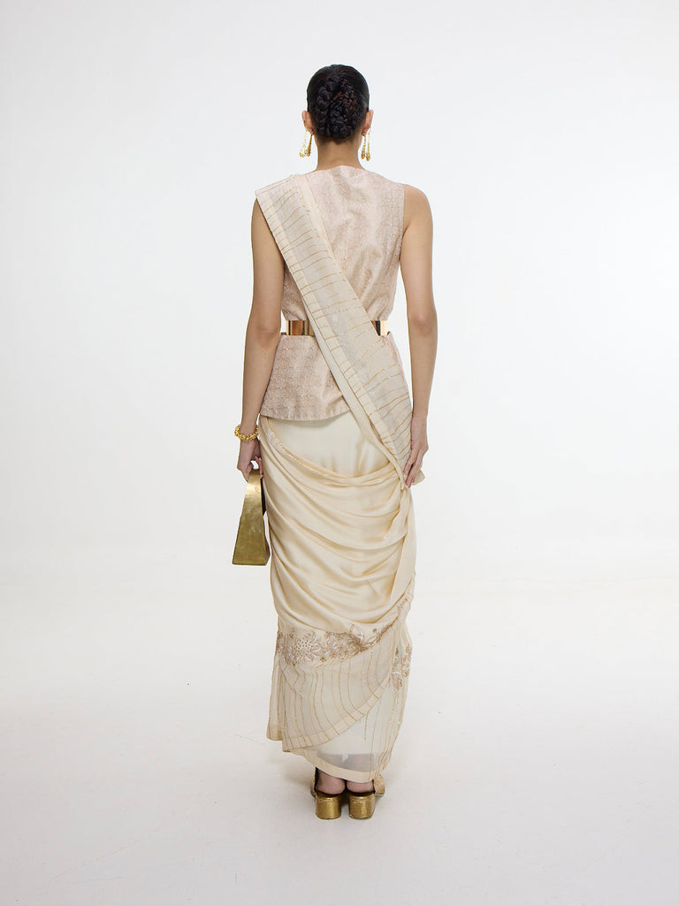 Handwoven Ecru Mashroo Silk Saree with an Embroidered Border