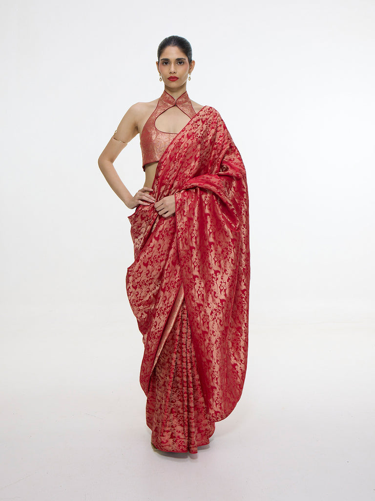 Handwoven Crimson Red Silk Tissue Saree