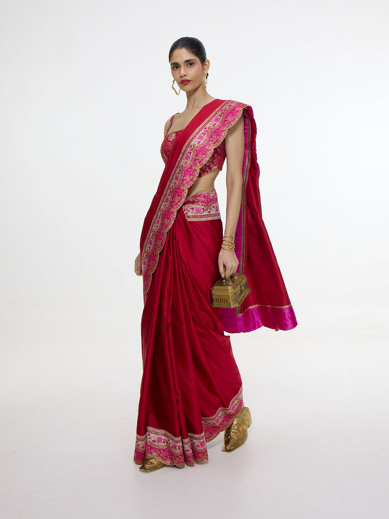 Handwoven Rose Red Silk Saree