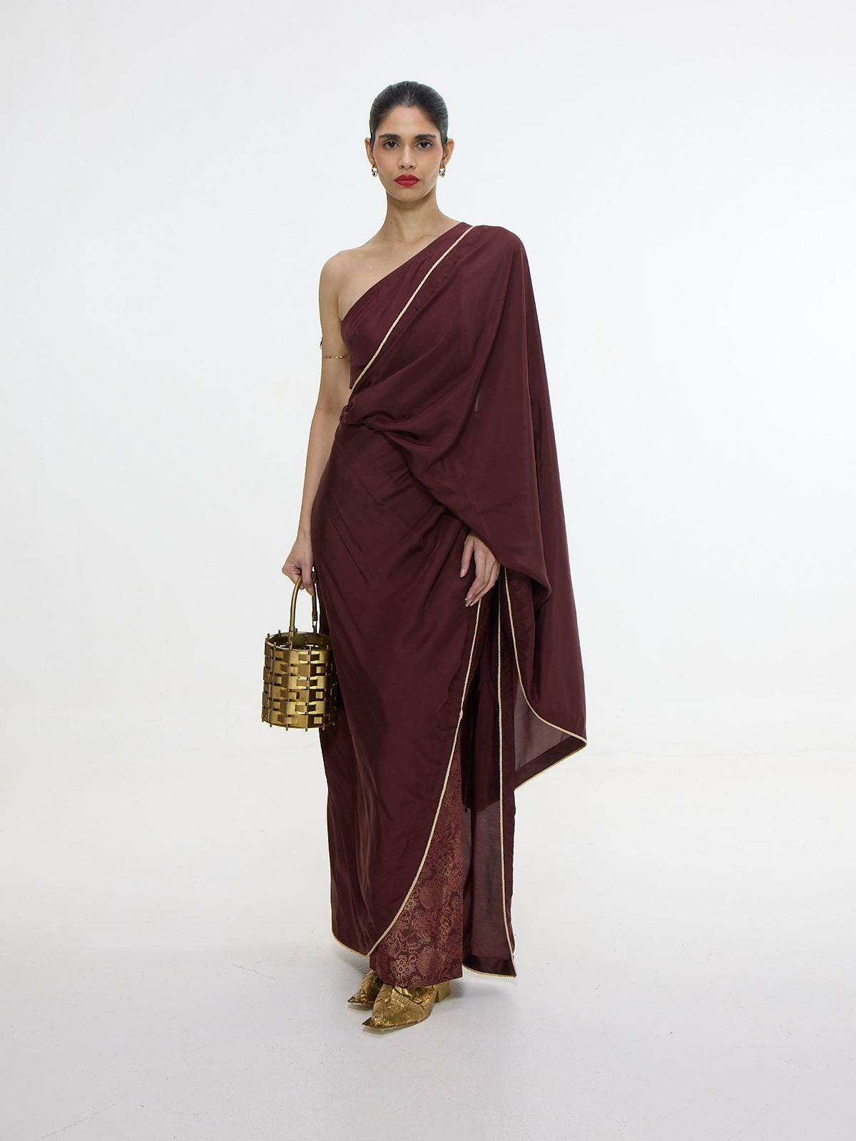 Pre Draped Handwoven Chestnut Mashroo Silk Saree