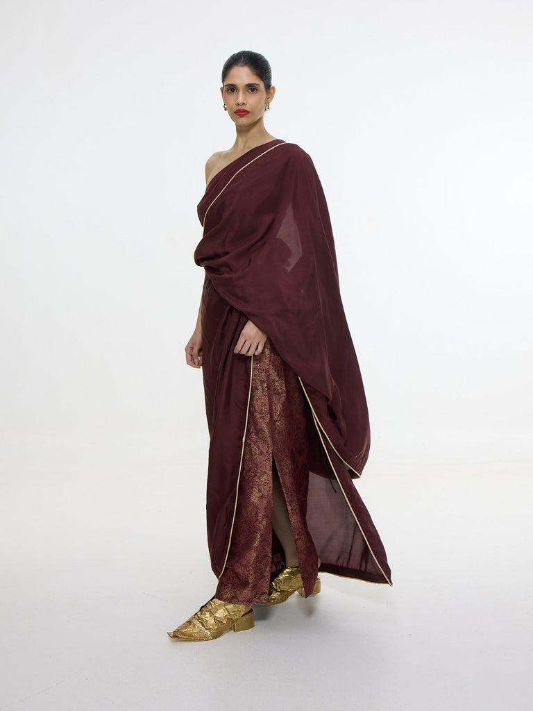 Pre Draped Handwoven Chestnut Mashroo Silk Saree