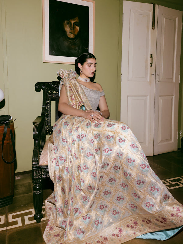 Handwoven Warm Beige Silk Kadhwa Banarasi Saree