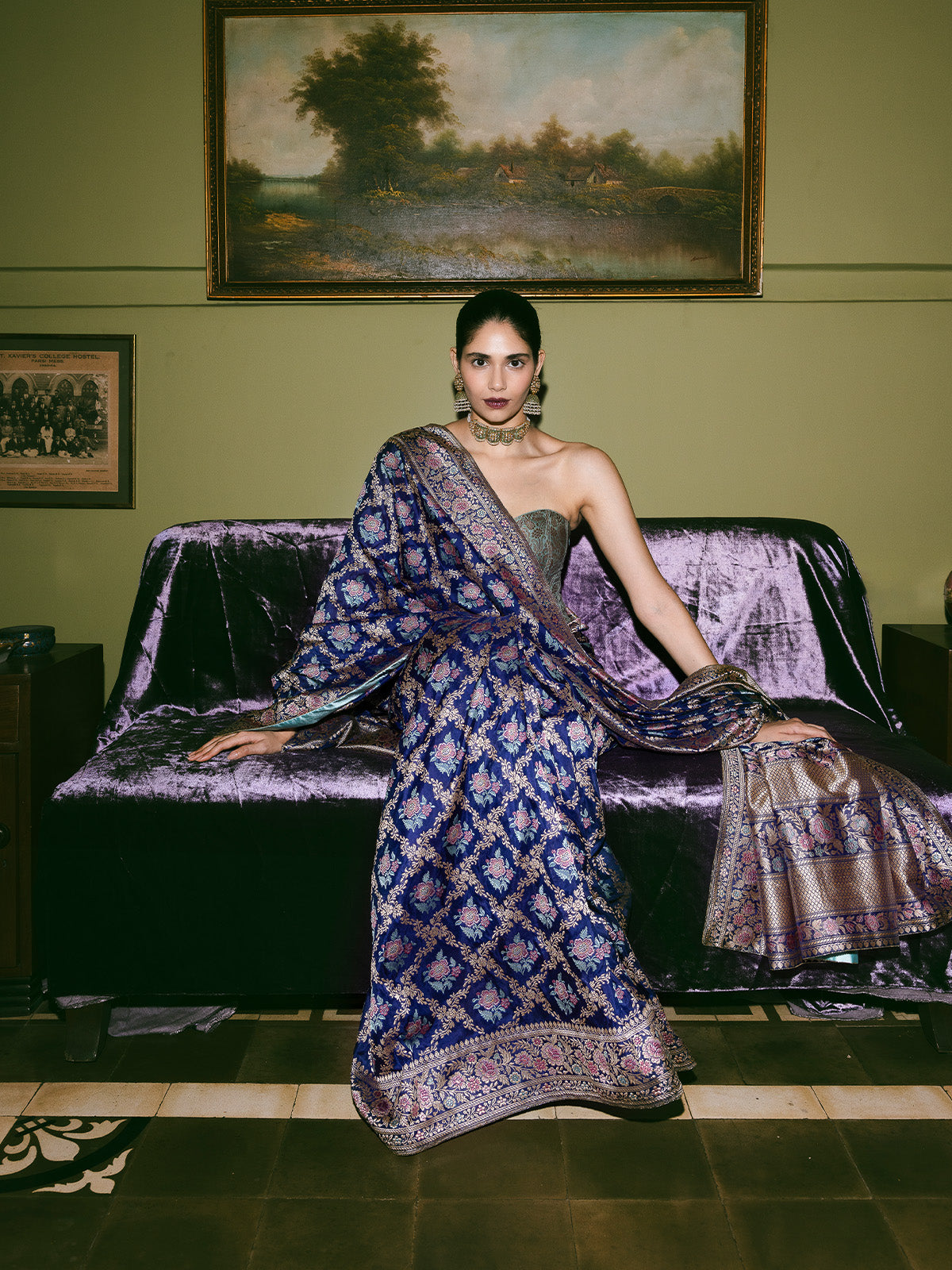 Handwoven Navy Blue Silk Kadhwa Banarasi Saree