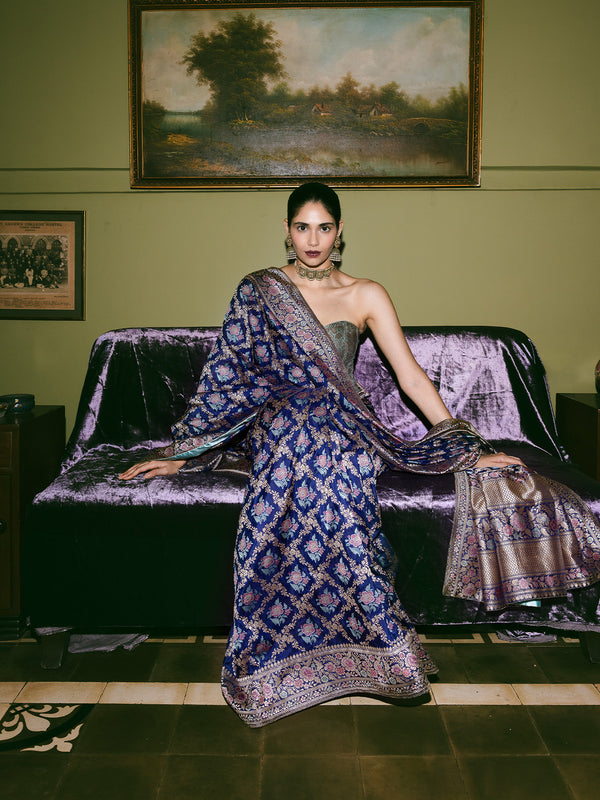 Handwoven Navy Blue Silk Kadhwa Banarasi Saree