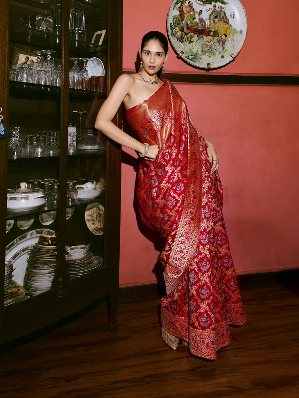 Handwoven Red Silk Kadhwa Banarasi Saree