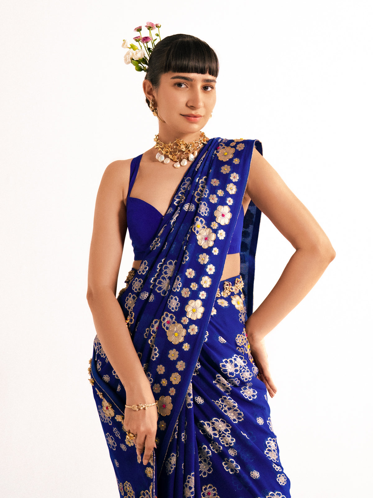Devanshi Tuli in Handwoven Royal Blue Chiffon Banarasi Saree