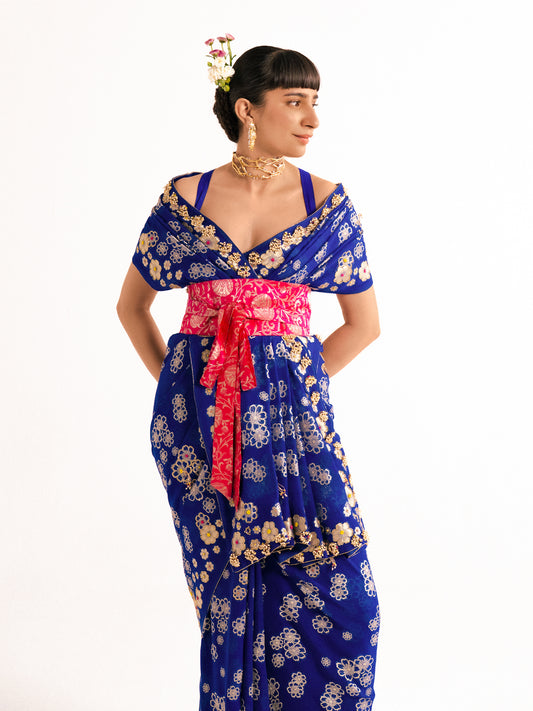 Handwoven Royal Blue Chiffon Banarasi Saree