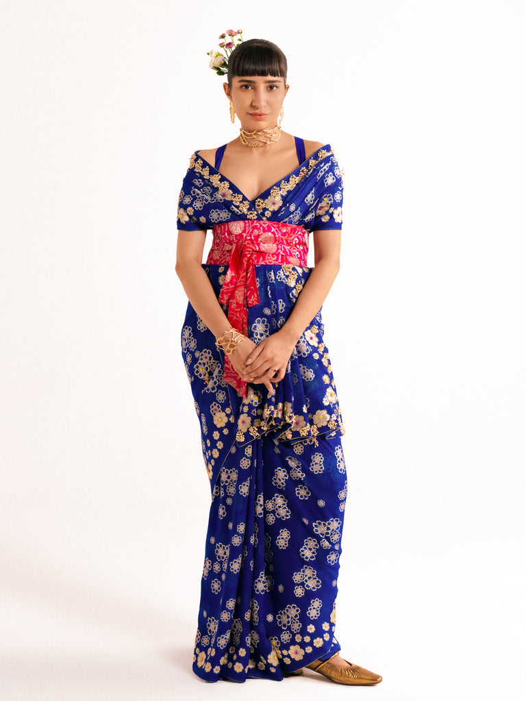 Devanshi Tuli in Handwoven Royal Blue Chiffon Banarasi Saree