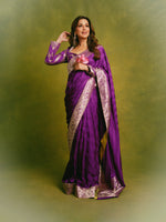 Sonali Bendre in Handwoven Deep Purple Satin Tanchoi Banarasi Saree