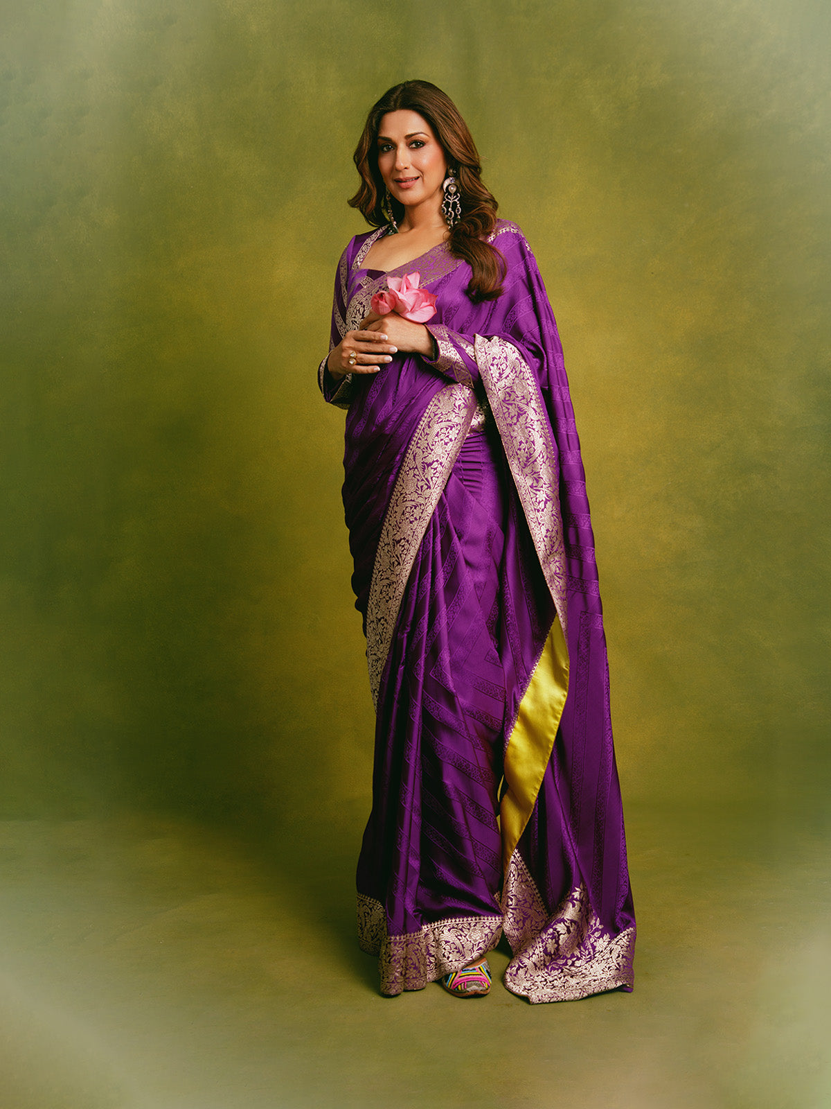 Sonali Bendre in Handwoven Deep Purple Satin Tanchoi Banarasi Saree