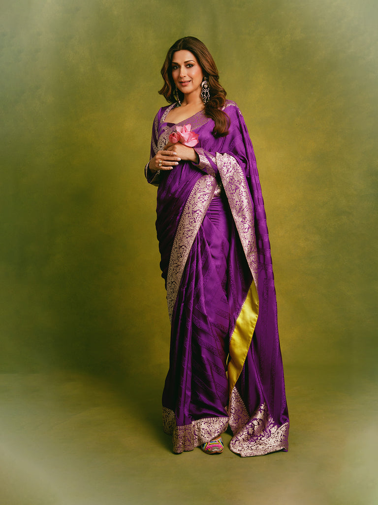 Sonali Bendre in Handwoven Deep Purple Satin Tanchoi Banarasi Saree
