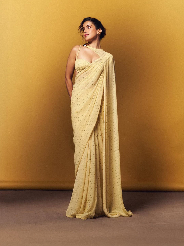 Butter Yellow Polka Dotted Saree