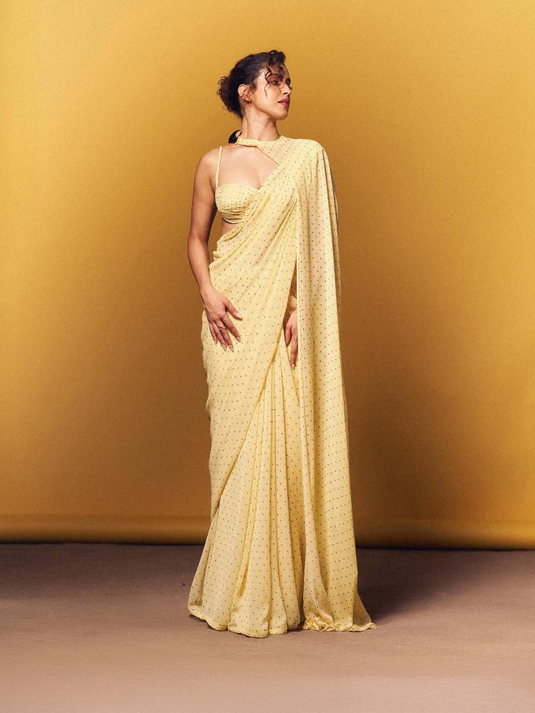 Butter Yellow Brooch Polka Dotted Saree
