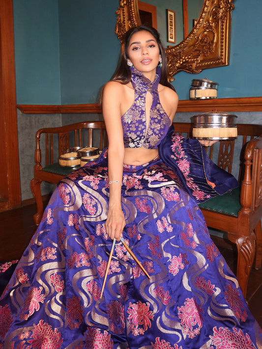 Handwoven Aubergine Kadwa Lehenga Set