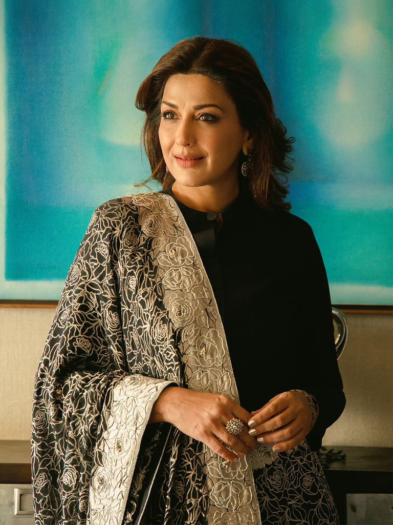 Handwoven Black Chiffon Embossed Saree