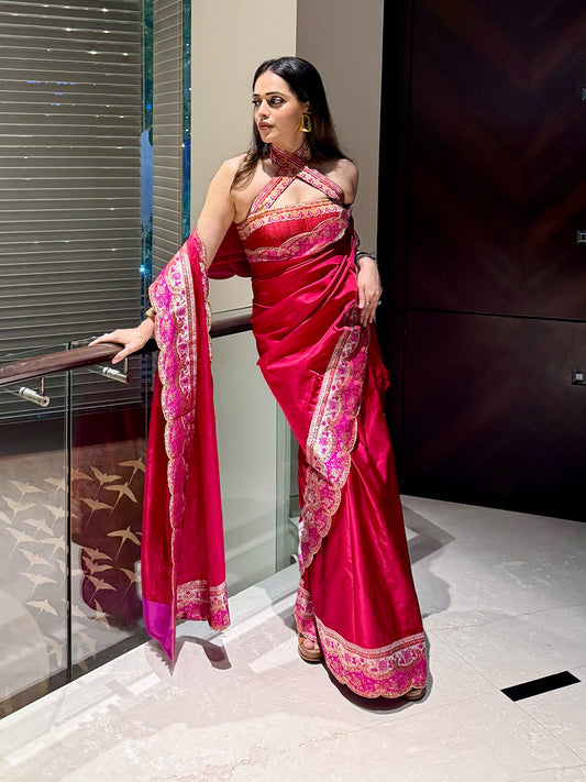 Handwoven Rose Red Silk Saree