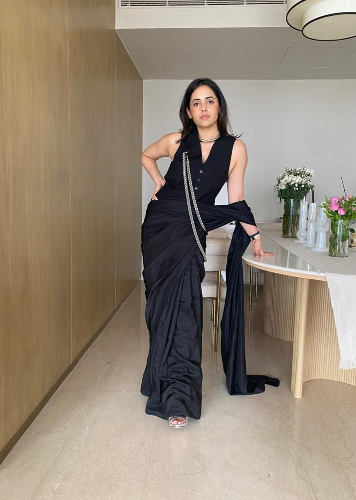 Handwoven Black Satin Silk Saree