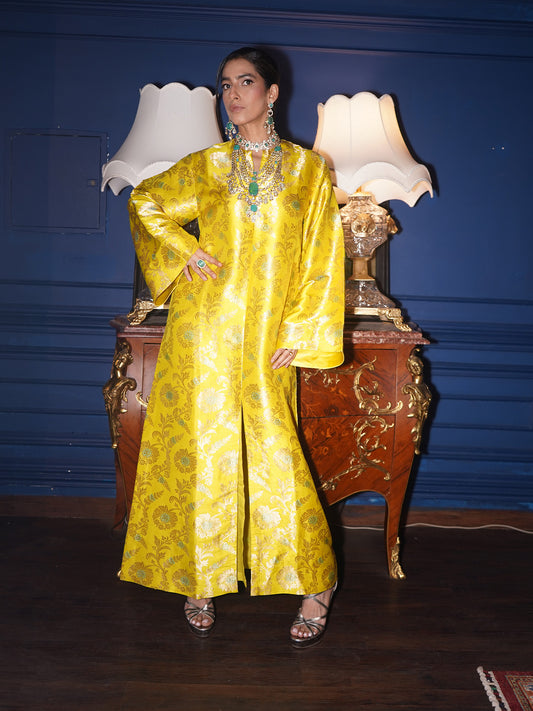 Handwoven Canary Yellow Banarasi Kaftan