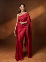 Handwoven Embroidered Vermillion Saree With Gold Button Detailing