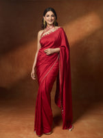 Handwoven Embroidered Vermillion Saree With Gold Button Detailing
