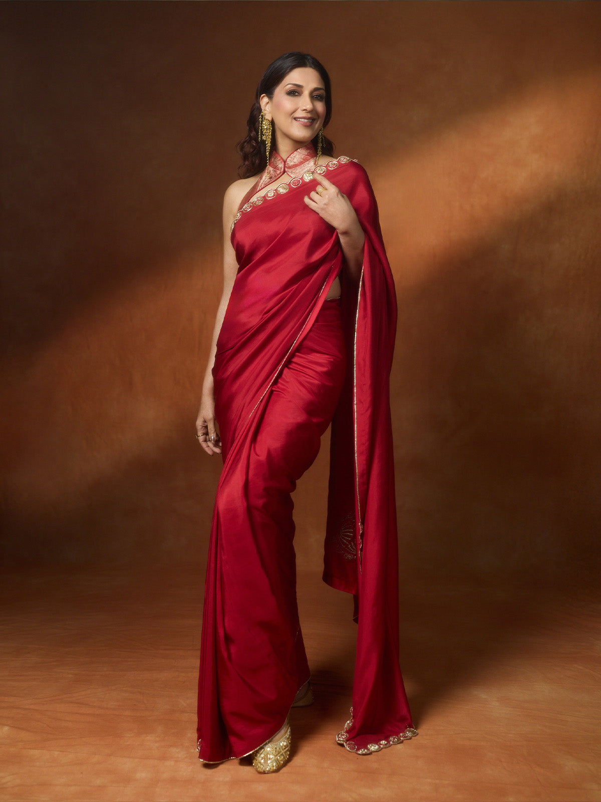 Handwoven Embroidered Vermillion Saree With Gold Button Detailing