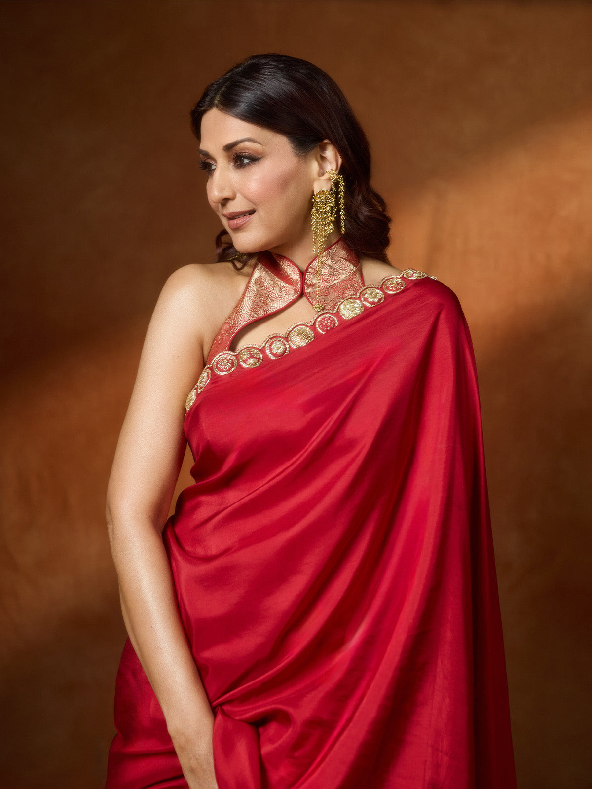 Handwoven Embroidered Vermillion Saree With Gold Button Detailing