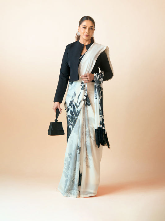 Black & White Chiffon Digital Print Saree