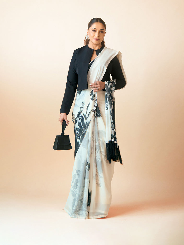 Black & White Chiffon Digital Print Saree