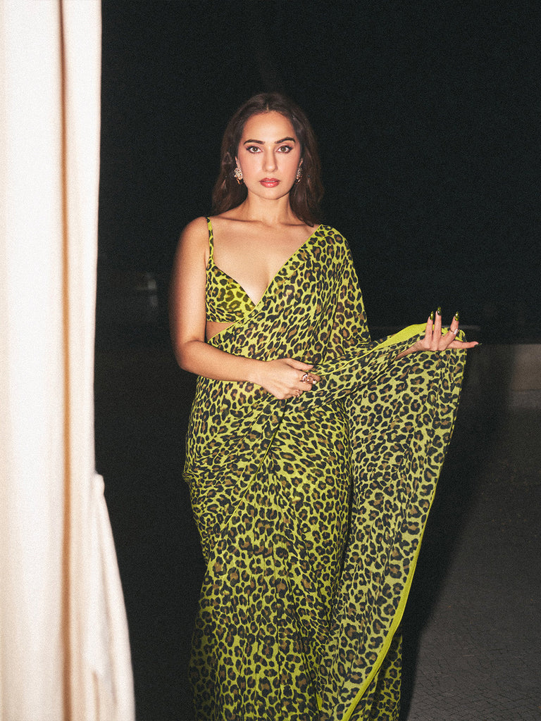 Green Leopard Print Saree