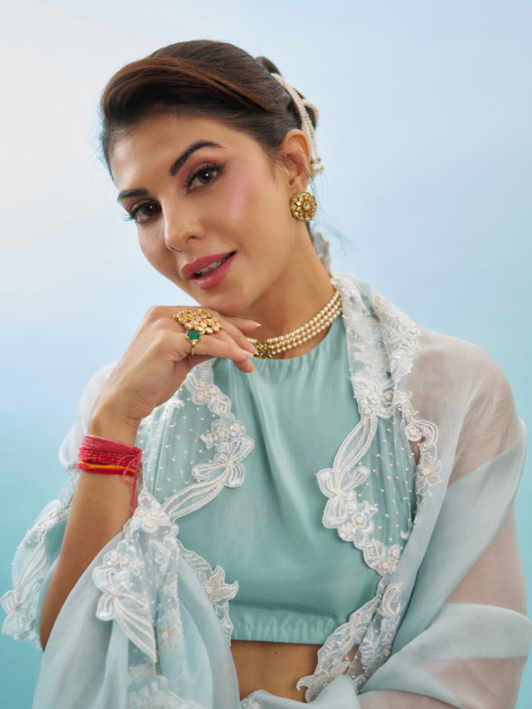 Jacqueline Fernandez in Handwoven Ice-Blue Banarasi Lehenga