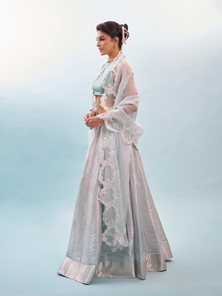 Jacqueline Fernandez in Handwoven Ice-Blue Banarasi Lehenga