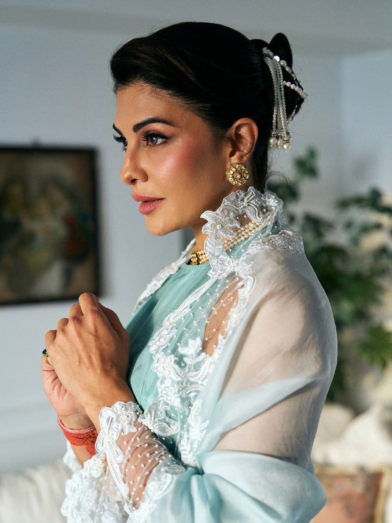 Jacqueline Fernandez in Handwoven Ice-Blue Banarasi Lehenga