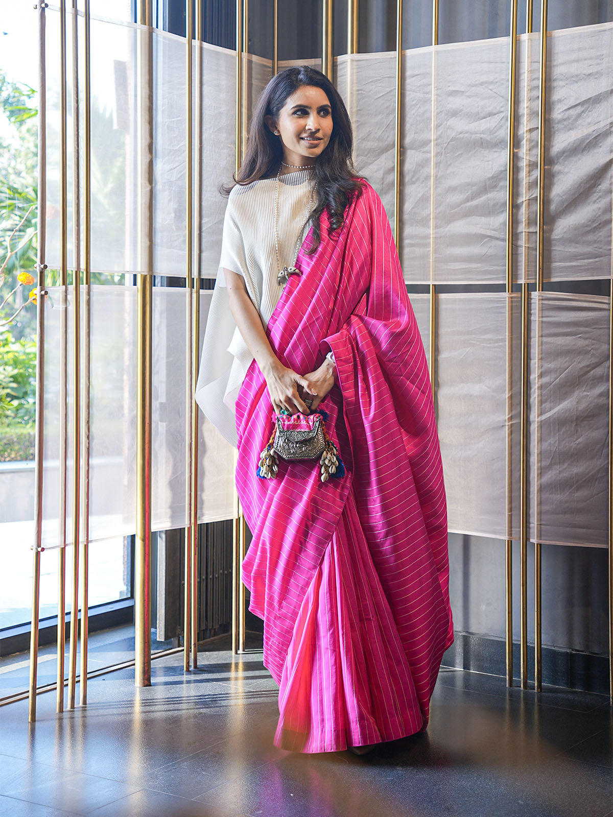 Jaina Lalbhai in Rani Pink Pin Stripe Saree