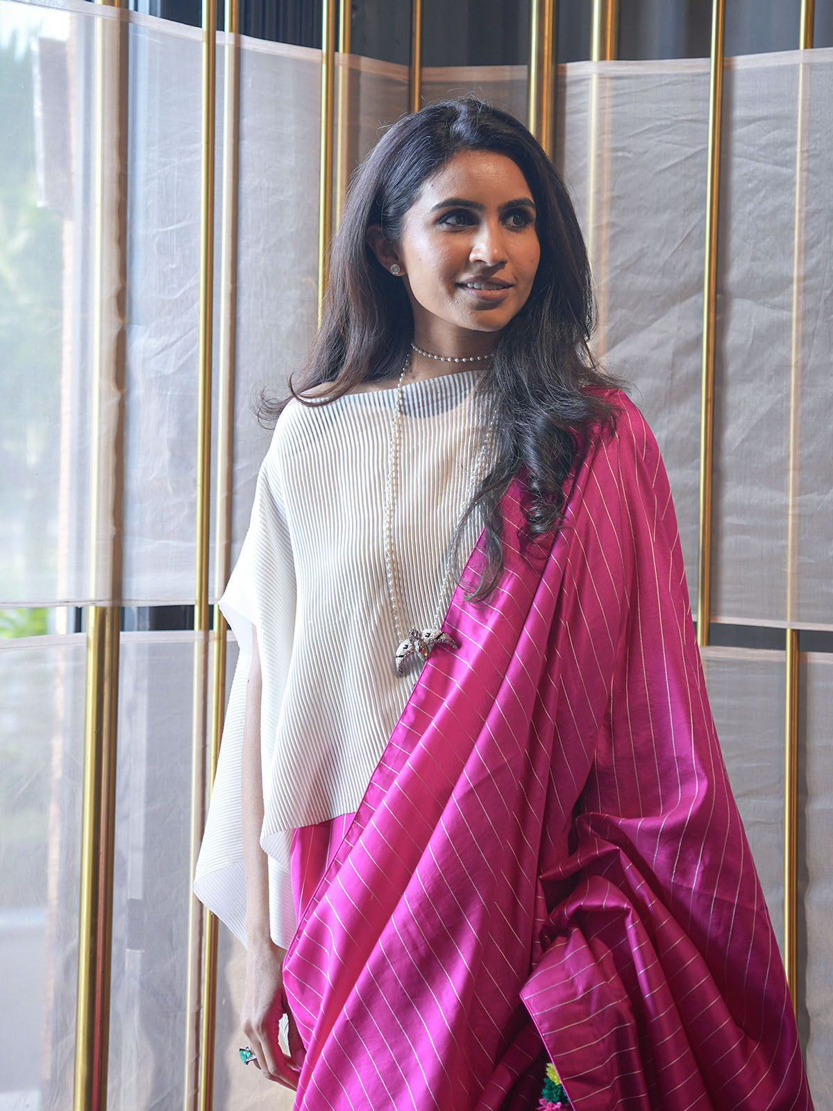 Jaina Lalbhai in Rani Pink Pin Stripe Saree