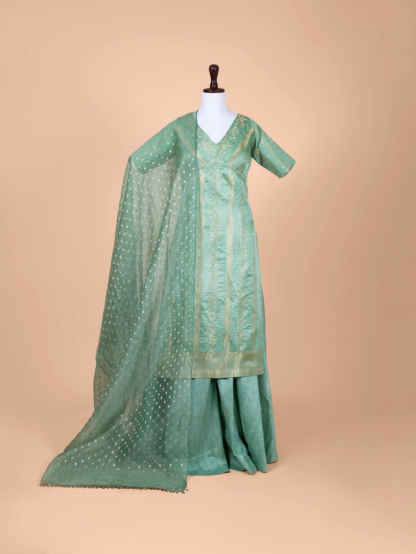 Handwoven Sea Green Satin Silk Suit