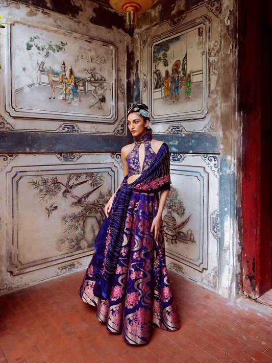Handwoven Aubergine Kadwa Lehenga Set