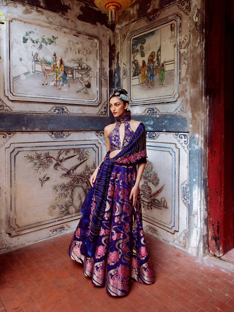 Handwoven Aubergine Kadwa Lehenga Set