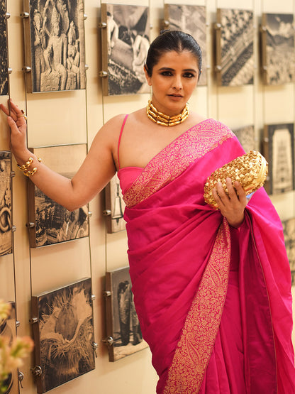 Natasha Luthra In Handwoven Pink Silk Saree