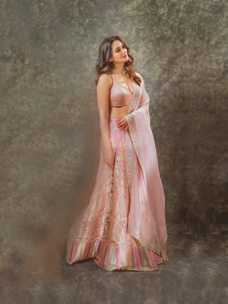 Nikita Dutta in Handwoven Blush Pink Silk Lehenga