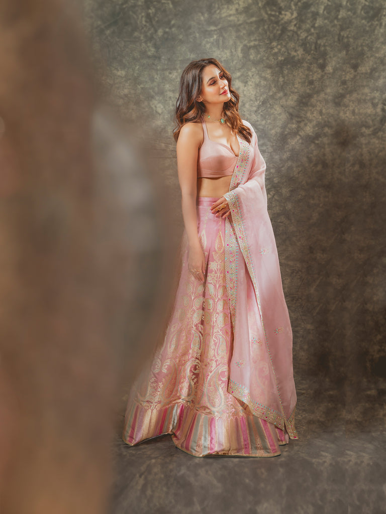 Nikita Dutta in Handwoven Blush Pink Silk Lehenga