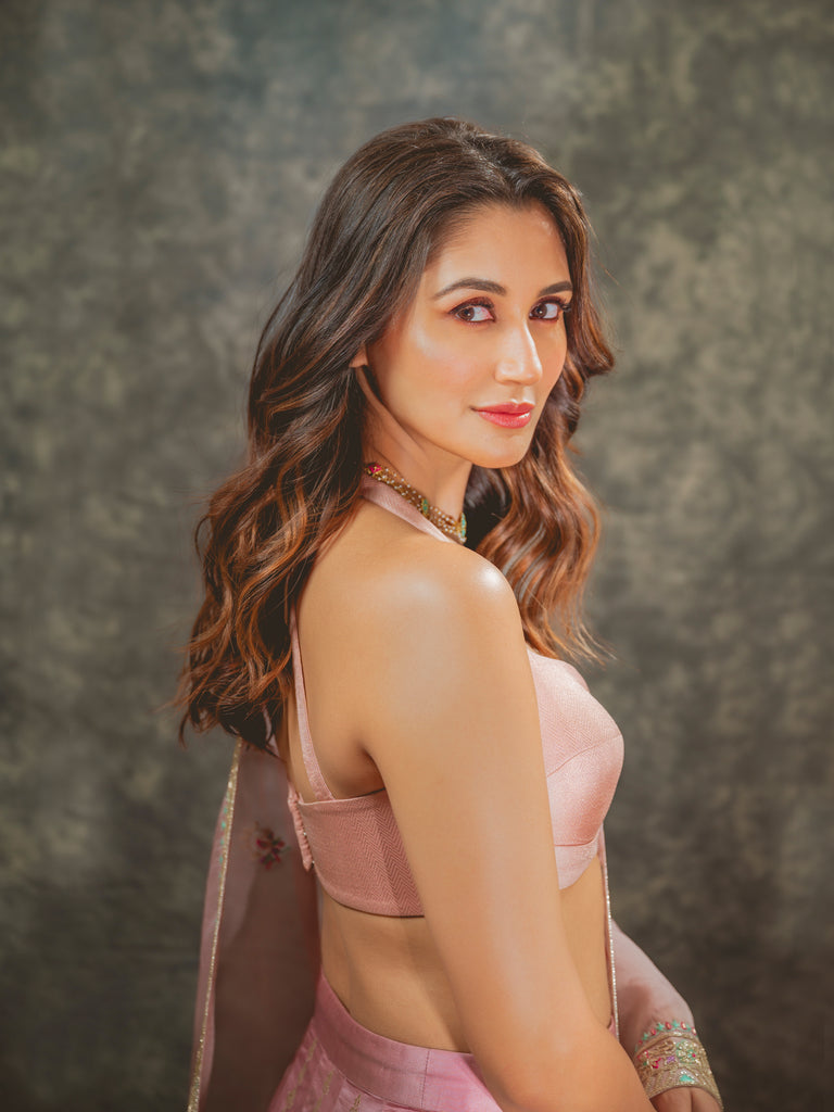 Nikita Dutta in Handwoven Blush Pink Silk Lehenga