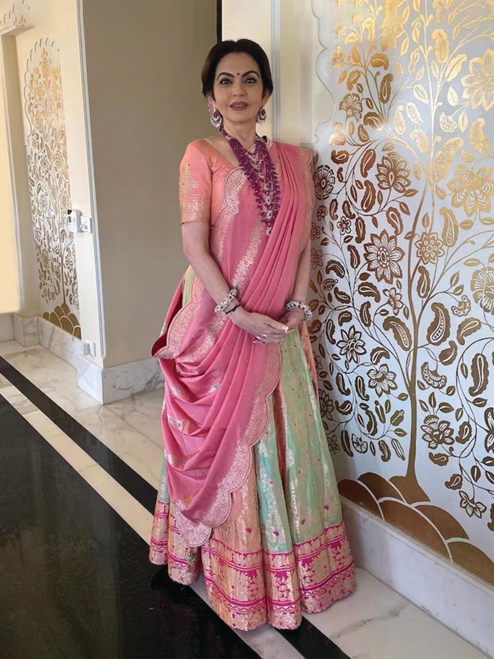 Shop Bollywood Lehenga - Pink And Green Embroidery Wedding Lehenga Choli  With Belt At Hatkay