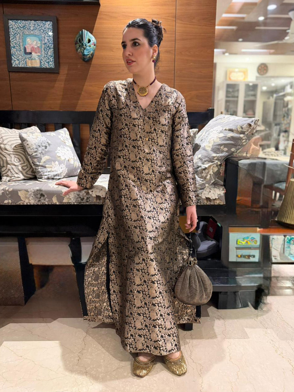 Handwoven Black & Gold Banarasi Kaftan