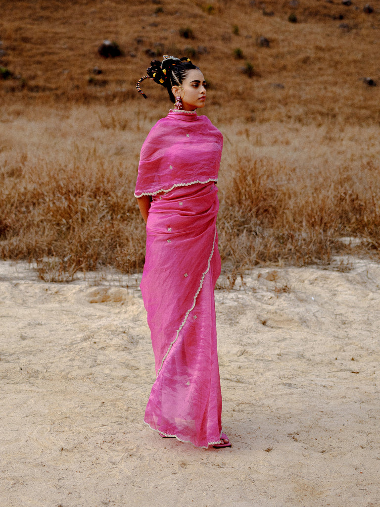 Handwoven Deep Pink Tissue Silk Saree