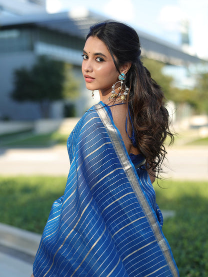 Priyanka Mohan in Handwoven Blue Striped Organza Saree