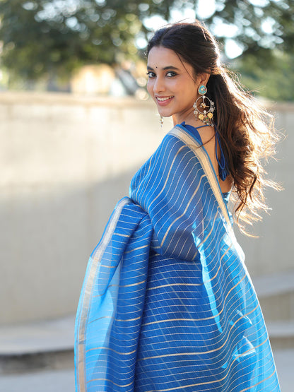 Priyanka Mohan in Handwoven Blue Striped Organza Saree