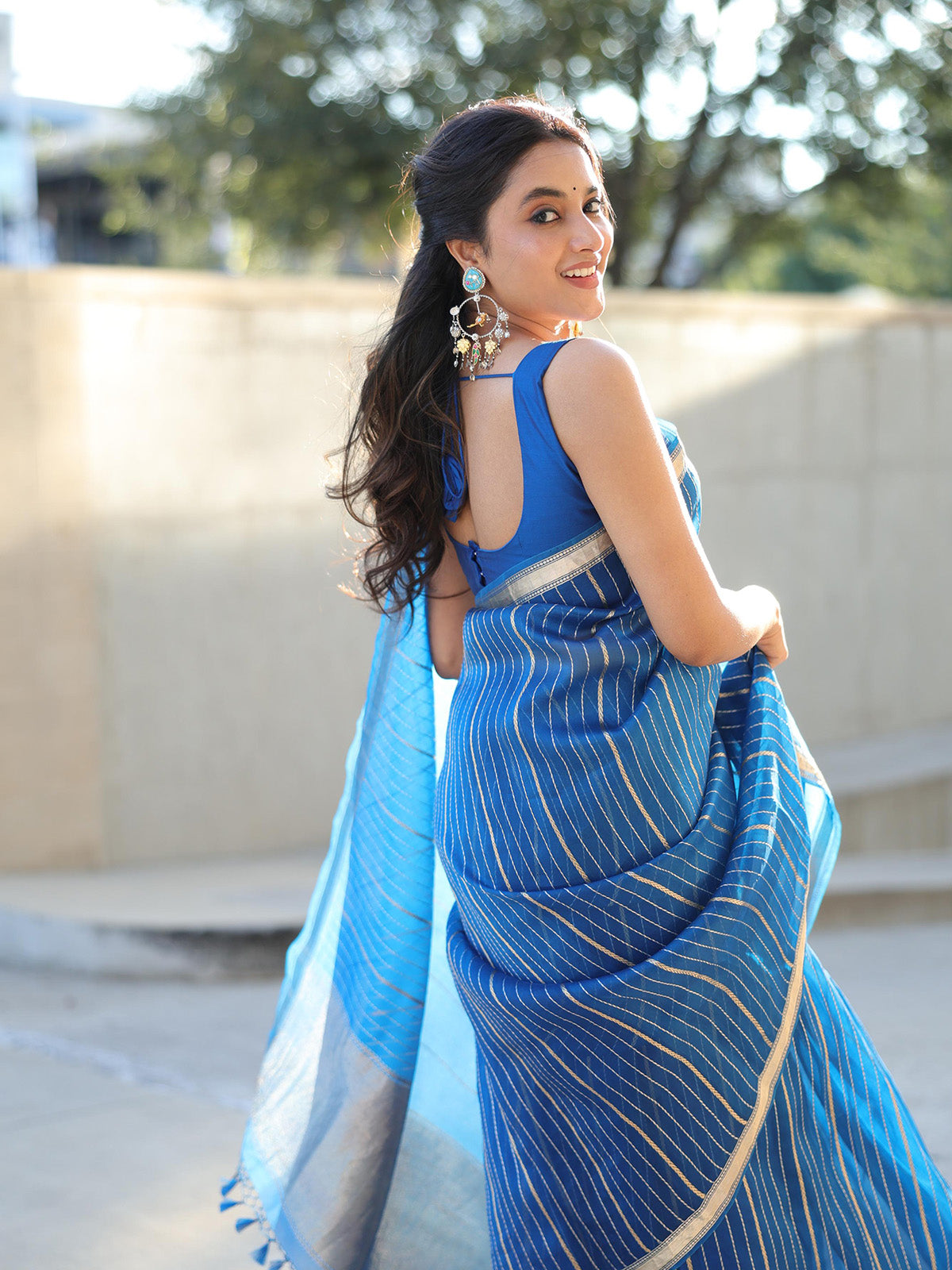 Priyanka Mohan in Handwoven Blue Striped Organza Saree